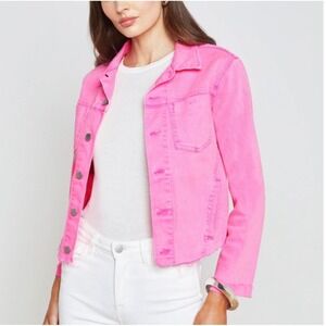 NWT L'AGENCE Janelle Slim Denim Jacket Rose Bloom Pink Raw Hem Size XL